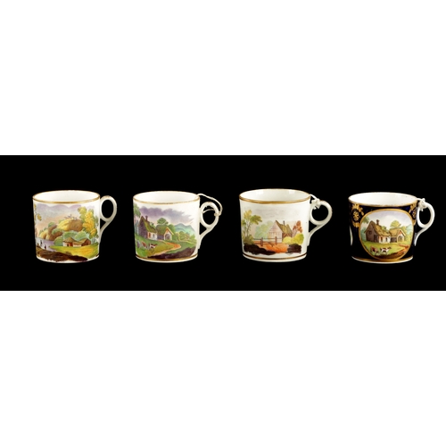 178 - A COLLECTION OF FOUR EARLY 19TH CENTURY NEW HALL COFFEE CANS printed and painted with rural landscap... 