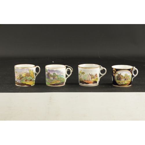 178 - A COLLECTION OF FOUR EARLY 19TH CENTURY NEW HALL COFFEE CANS printed and painted with rural landscap... 