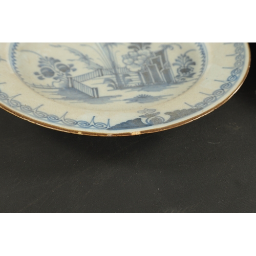 179 - A PAIR OF BRISTOL DELFT PLATES CIRCA 1760 AND A PAIR OF LIVERPOOL DELFT PLATES (23cm diameter)