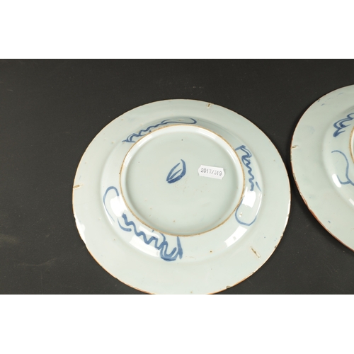 179 - A PAIR OF BRISTOL DELFT PLATES CIRCA 1760 AND A PAIR OF LIVERPOOL DELFT PLATES (23cm diameter)