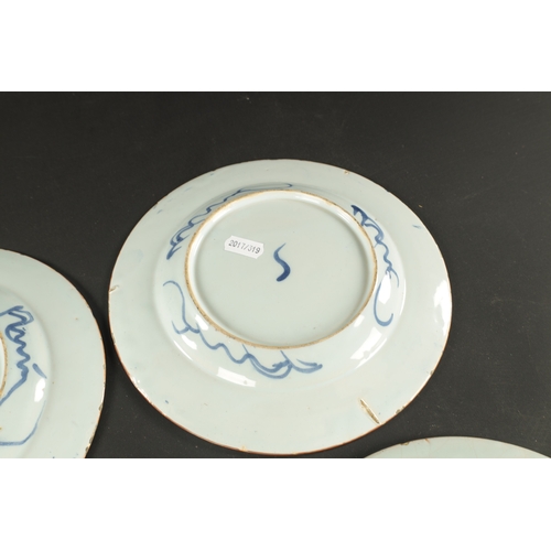 179 - A PAIR OF BRISTOL DELFT PLATES CIRCA 1760 AND A PAIR OF LIVERPOOL DELFT PLATES (23cm diameter)