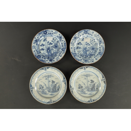 179 - A PAIR OF BRISTOL DELFT PLATES CIRCA 1760 AND A PAIR OF LIVERPOOL DELFT PLATES (23cm diameter)