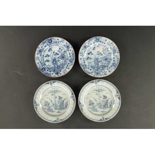 179 - A PAIR OF BRISTOL DELFT PLATES CIRCA 1760 AND A PAIR OF LIVERPOOL DELFT PLATES (23cm diameter)