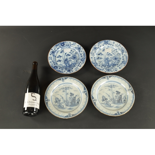 179 - A PAIR OF BRISTOL DELFT PLATES CIRCA 1760 AND A PAIR OF LIVERPOOL DELFT PLATES (23cm diameter)