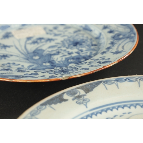 179 - A PAIR OF BRISTOL DELFT PLATES CIRCA 1760 AND A PAIR OF LIVERPOOL DELFT PLATES (23cm diameter)