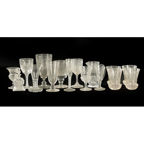 18 - A SET OF FOUR ENGRAVED AND CUT LEMONADE GLASSES together with a collection of other goblets and vari... 