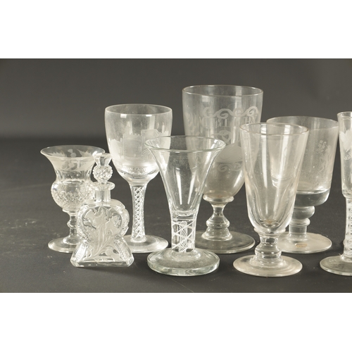 18 - A SET OF FOUR ENGRAVED AND CUT LEMONADE GLASSES together with a collection of other goblets and vari... 