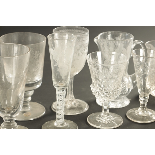 18 - A SET OF FOUR ENGRAVED AND CUT LEMONADE GLASSES together with a collection of other goblets and vari... 