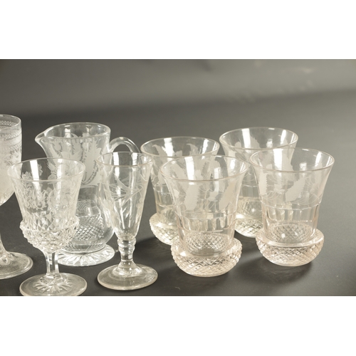 18 - A SET OF FOUR ENGRAVED AND CUT LEMONADE GLASSES together with a collection of other goblets and vari... 