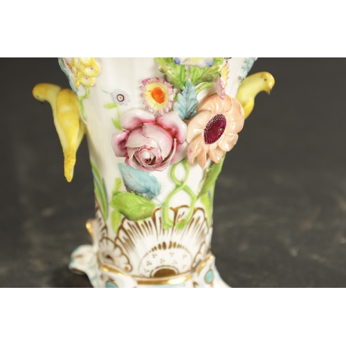 180 - A PAIR OF EARLY 19TH CENTURY SPODE SPILL VASES WITH BIRDS AND FLOWERS (12.5cm high)