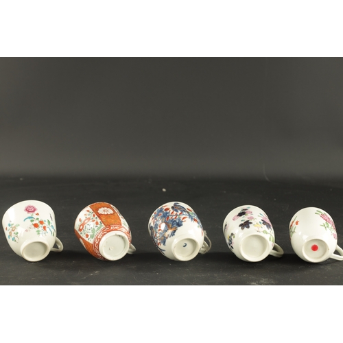 184 - A COLLECTION OF FIVE WORCESTER COFFEE CUPS OF VARIOUS PATTERNS CIRCA 1770 (6.5cm high)