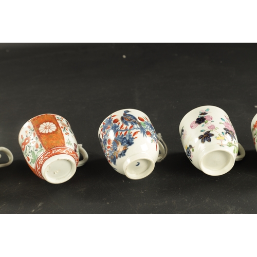 184 - A COLLECTION OF FIVE WORCESTER COFFEE CUPS OF VARIOUS PATTERNS CIRCA 1770 (6.5cm high)