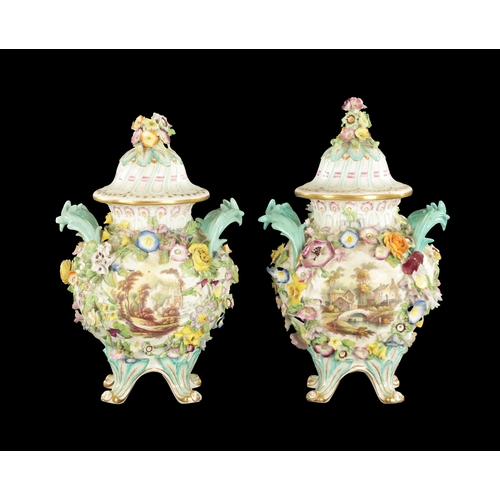 185 - A PAIR OF MID 19TH CENTURY MINTON PORCELAIN JARS AND COVERS encrusted with flowers (28cm high)