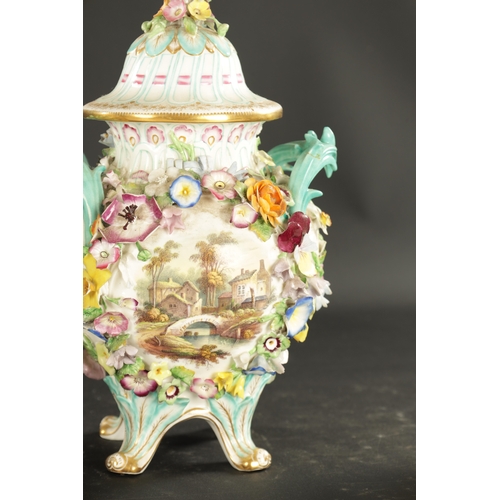 185 - A PAIR OF MID 19TH CENTURY MINTON PORCELAIN JARS AND COVERS encrusted with flowers (28cm high)