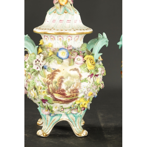 185 - A PAIR OF MID 19TH CENTURY MINTON PORCELAIN JARS AND COVERS encrusted with flowers (28cm high)