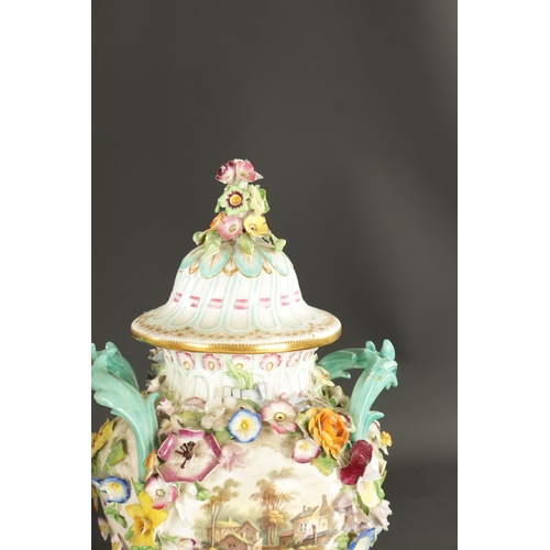 185 - A PAIR OF MID 19TH CENTURY MINTON PORCELAIN JARS AND COVERS encrusted with flowers (28cm high)