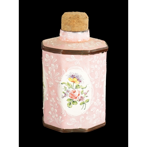 202 - A LATE 18TH CENTURY BILSTON ENAMEL TEA CADDY on a pink ground with floral spray panels (13cm high)