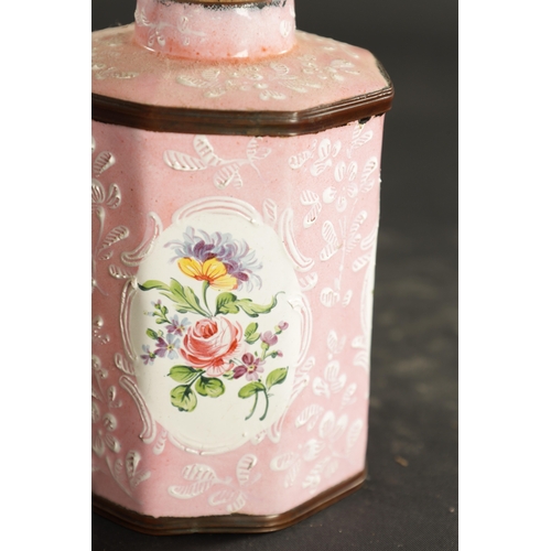 202 - A LATE 18TH CENTURY BILSTON ENAMEL TEA CADDY on a pink ground with floral spray panels (13cm high)