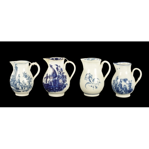 209 - FOUR EARLY 18TH CENTURY WORCESTER PORCELAIN JUGS comprising three blue and white printed sparrow bea... 