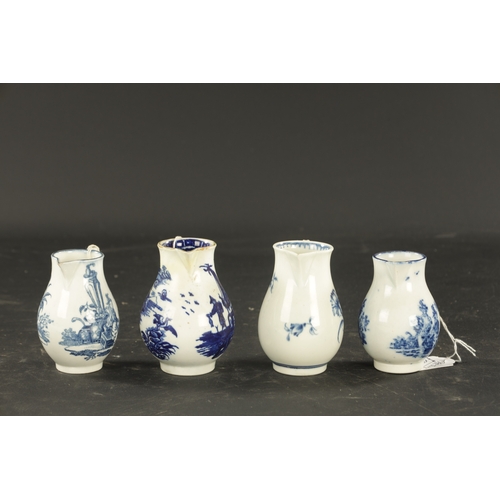 209 - FOUR EARLY 18TH CENTURY WORCESTER PORCELAIN JUGS comprising three blue and white printed sparrow bea... 