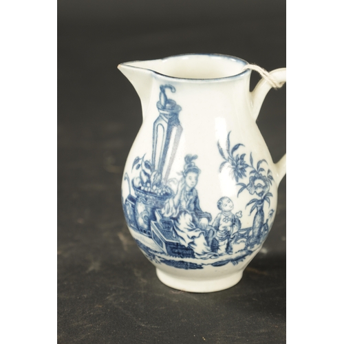 209 - FOUR EARLY 18TH CENTURY WORCESTER PORCELAIN JUGS comprising three blue and white printed sparrow bea... 