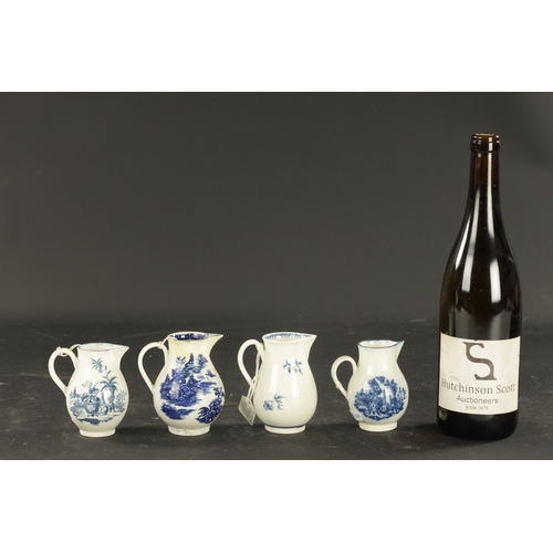 209 - FOUR EARLY 18TH CENTURY WORCESTER PORCELAIN JUGS comprising three blue and white printed sparrow bea... 