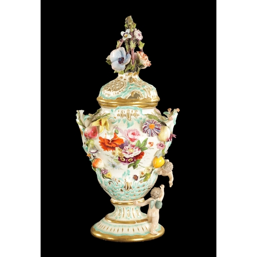 212 - AN EARLY 19TH CENTURY MINTON PORCELAIN VASE IN THE MEISSEN STYLE PAINTED WITH FLOWERS (42cm high)