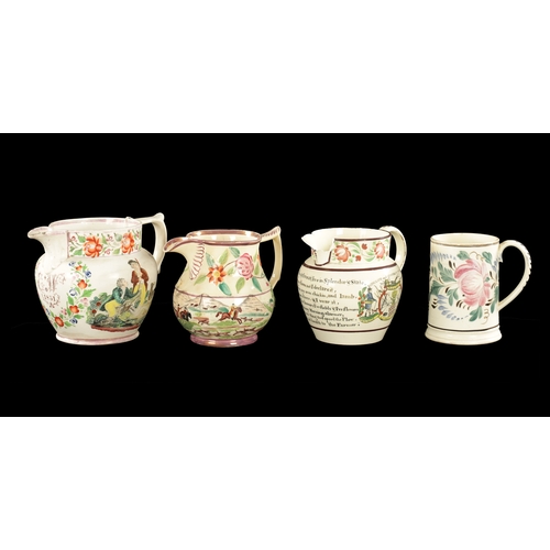 215 - THREE EARLY 19TH CENTURY ENGLISH POTTERY JUGS AND A MUG (18cm high and smaller)