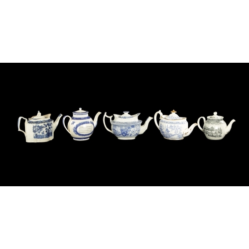 217 - A COLLECTION OF FIVE EARLY 19TH CENTURY TEAPOTS comprising a Staffordshire pearlware teapot printed ... 