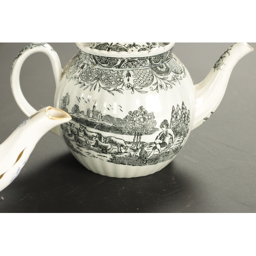 217 - A COLLECTION OF FIVE EARLY 19TH CENTURY TEAPOTS comprising a Staffordshire pearlware teapot printed ... 