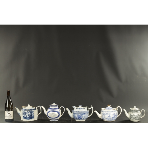 217 - A COLLECTION OF FIVE EARLY 19TH CENTURY TEAPOTS comprising a Staffordshire pearlware teapot printed ... 