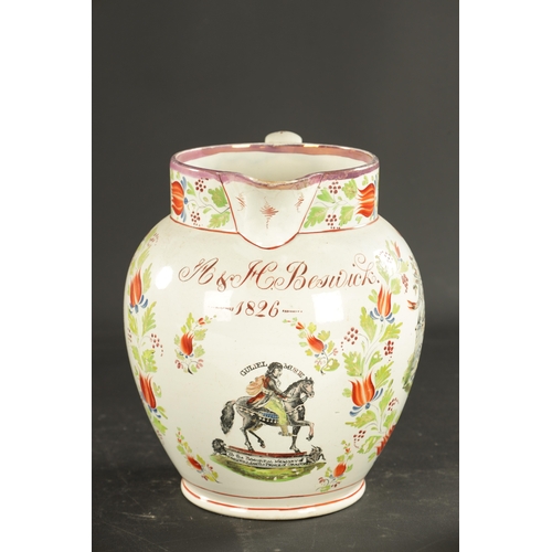 219 - A STAFFORDSHIRE LUSTER JUG MEMORY OF WILLIAM OF THE ORANGE ORDER DATED 1826 (22cm high)