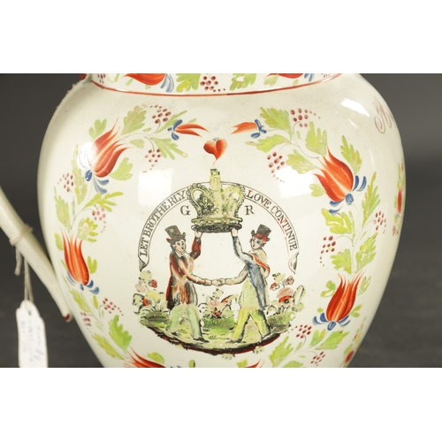 219 - A STAFFORDSHIRE LUSTER JUG MEMORY OF WILLIAM OF THE ORANGE ORDER DATED 1826 (22cm high)