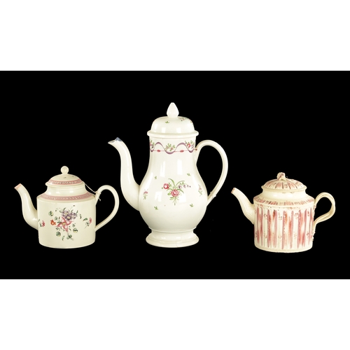 225 - A LATE 18TH CENTURY LEEDS CREAMWARE TEAPOT decorated with puce stripes, TOGETHER WITH A PEARLWARE CO... 