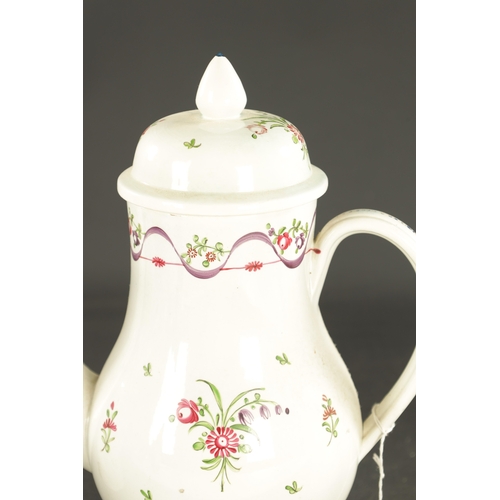 225 - A LATE 18TH CENTURY LEEDS CREAMWARE TEAPOT decorated with puce stripes, TOGETHER WITH A PEARLWARE CO... 