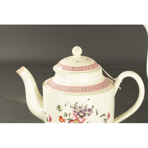 225 - A LATE 18TH CENTURY LEEDS CREAMWARE TEAPOT decorated with puce stripes, TOGETHER WITH A PEARLWARE CO... 