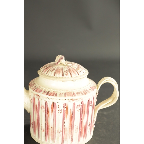 225 - A LATE 18TH CENTURY LEEDS CREAMWARE TEAPOT decorated with puce stripes, TOGETHER WITH A PEARLWARE CO... 