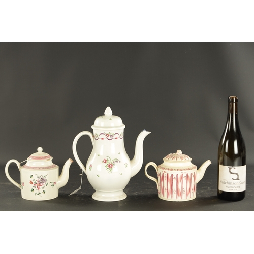 225 - A LATE 18TH CENTURY LEEDS CREAMWARE TEAPOT decorated with puce stripes, TOGETHER WITH A PEARLWARE CO... 