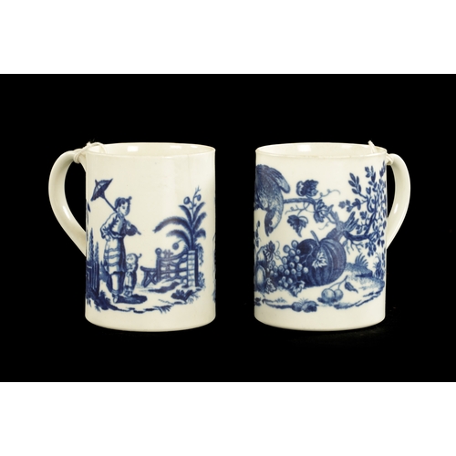 229 - TWO WORCESTER PORCELAIN MUGS CIRCA 1775 printed in blue with a parrot pecking and la promenade patte... 