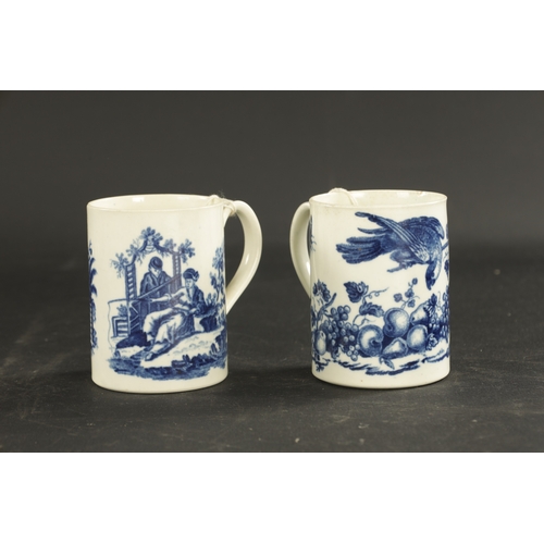 229 - TWO WORCESTER PORCELAIN MUGS CIRCA 1775 printed in blue with a parrot pecking and la promenade patte... 