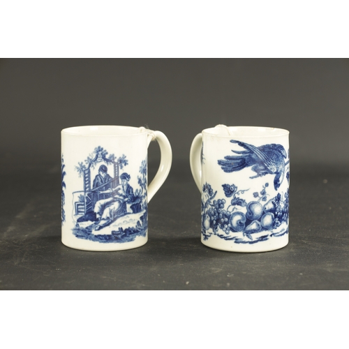 229 - TWO WORCESTER PORCELAIN MUGS CIRCA 1775 printed in blue with a parrot pecking and la promenade patte... 