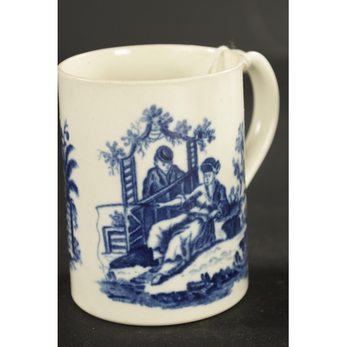 229 - TWO WORCESTER PORCELAIN MUGS CIRCA 1775 printed in blue with a parrot pecking and la promenade patte... 