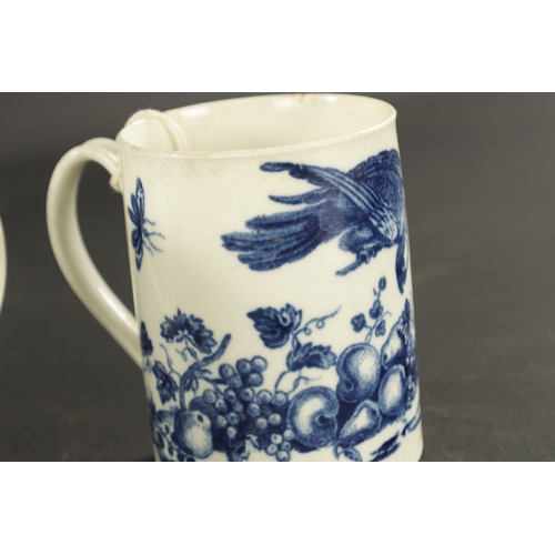 229 - TWO WORCESTER PORCELAIN MUGS CIRCA 1775 printed in blue with a parrot pecking and la promenade patte... 