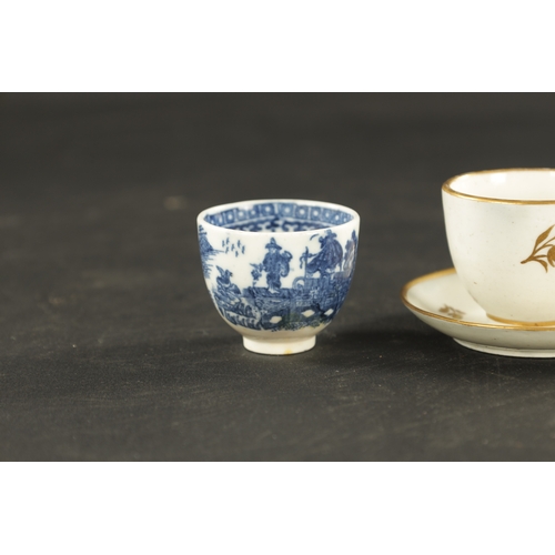 235 - A LATE 18TH CENTURY CAUGHLEY TOY TEAPOT, TEABOWL AND SAUCER WITH TEABOWL (8cm high and smaller)