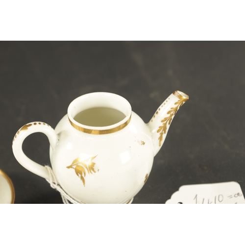 235 - A LATE 18TH CENTURY CAUGHLEY TOY TEAPOT, TEABOWL AND SAUCER WITH TEABOWL (8cm high and smaller)