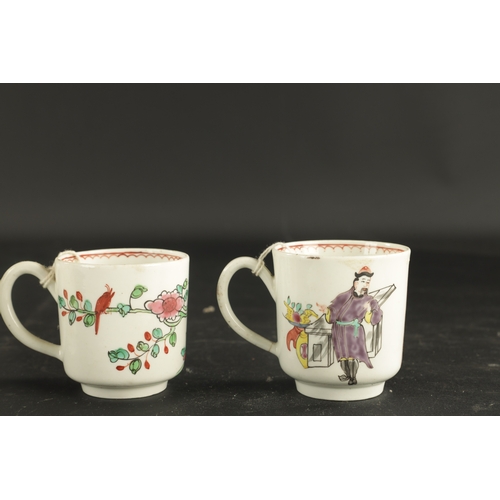 239 - A MID 18TH CENTURY CHAFFERS LIVERPOOL COFFEE CUP AND TWO OTHER LIVERPOOL COFFEE CUPS decorated with ... 