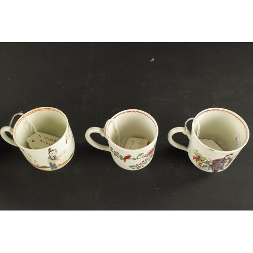 239 - A MID 18TH CENTURY CHAFFERS LIVERPOOL COFFEE CUP AND TWO OTHER LIVERPOOL COFFEE CUPS decorated with ... 