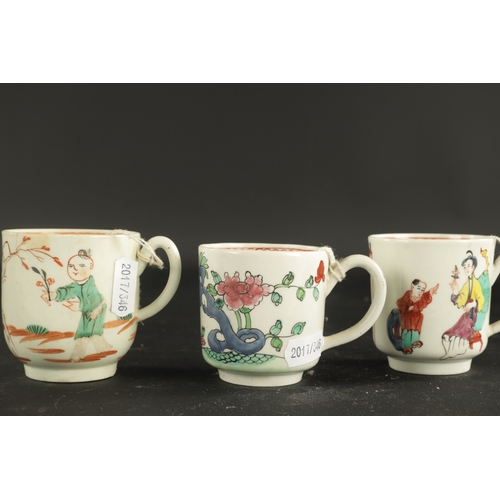 239 - A MID 18TH CENTURY CHAFFERS LIVERPOOL COFFEE CUP AND TWO OTHER LIVERPOOL COFFEE CUPS decorated with ... 