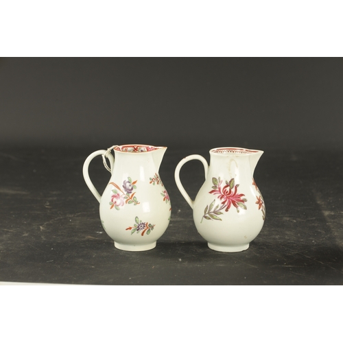 240 - TWO WORCESTER SPARROW BEAK JUGS CIRCA 1765 painted with flowers. (9cm high)