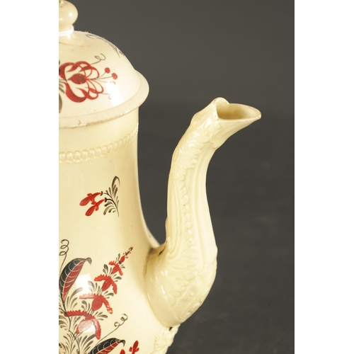 241 - A LATE 18TH CENTURY LEEDS CREAMWARE COFFEE POT DAVID RHODES STYLE decorated with roses (24cm high)